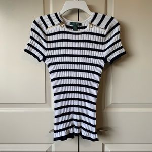 LAUREN Ralph Lauren Navy Blue White Striped Nautical Knit Sweater Top